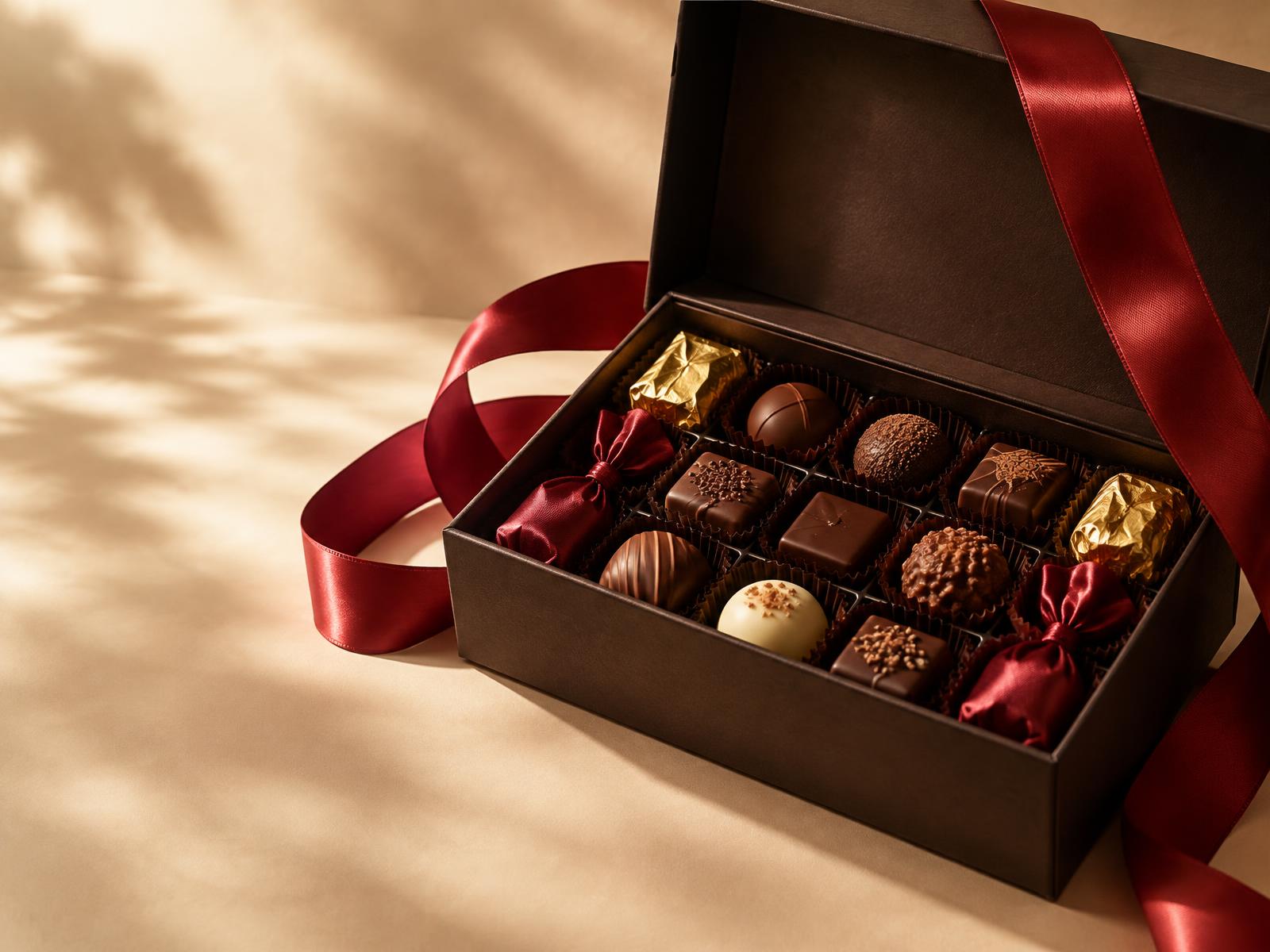 Premium chocolate gift box with cherry ribbon
