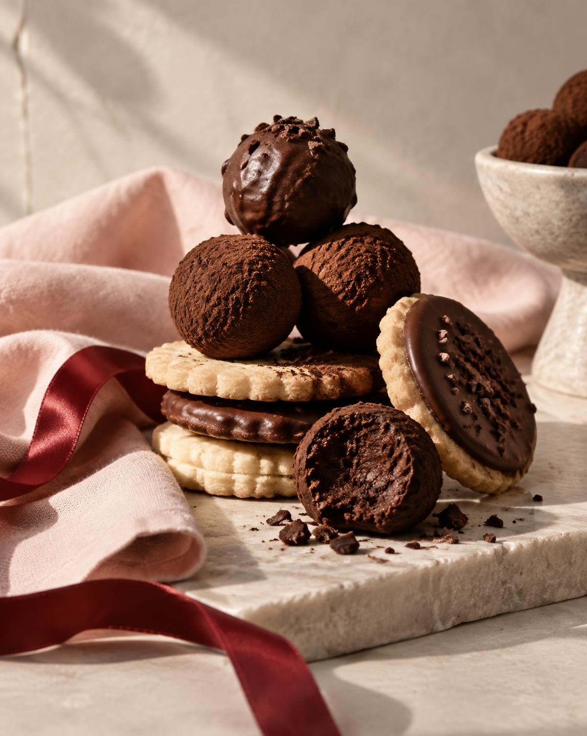 Chocolate truffles and biscuits styled with cherry ribbon